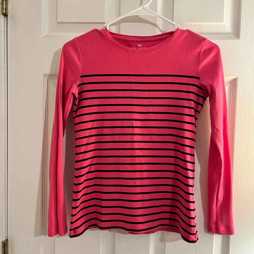 Talbots Women’s Long Sleeve Pink and Black Striped Tee